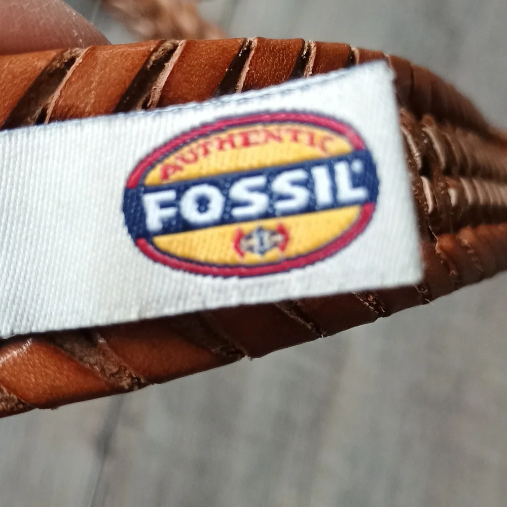 Fossil Tan Braided Leather Belt with Silver Buckle